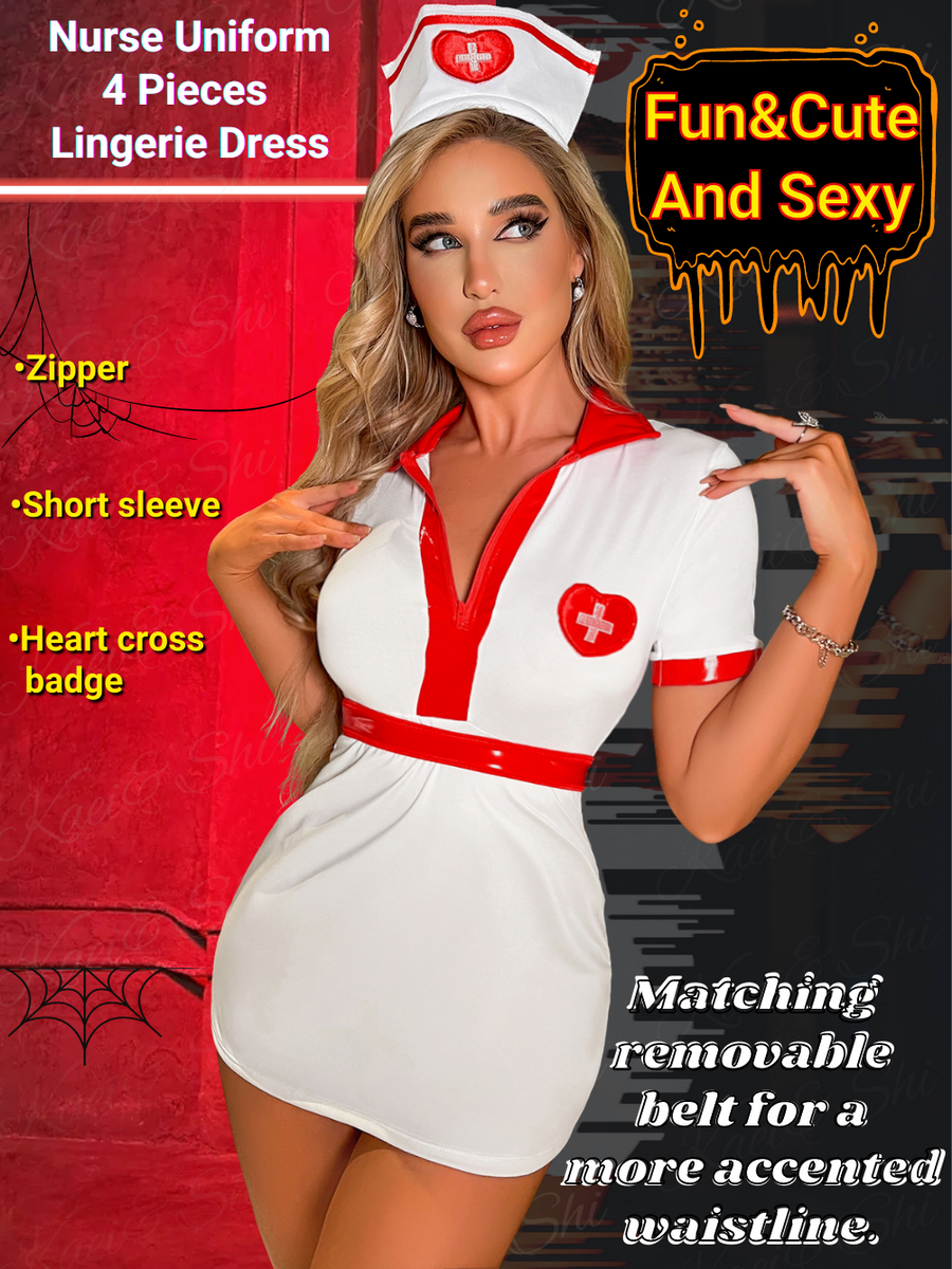 Kaei&Shi Wet look Nurse Cosplay, Halloween Costumes, Belt G String, 4P