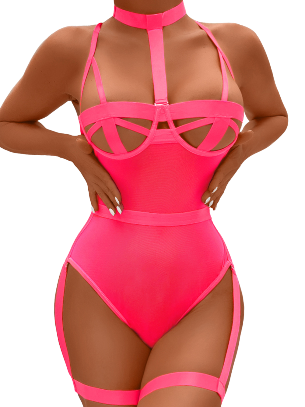 Kaei&Shi Strappy Bra Lingerie, Collar Thigh Cuffs, 3Pc Sexy Underwire Bodysuit