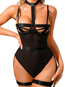 Kaei&Shi Strappy Bra Lingerie, Collar Thigh Cuffs, 3Pc Sexy Underwire Bodysuit