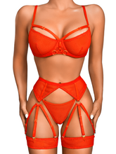 Load image into Gallery viewer, Kaei&amp;Shi Strappy Fishnet Garter, Thigh Band, High Waisted 4Pc Peekaboo Lingerie
