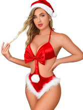 Load image into Gallery viewer, Kaei&amp;Shi Xmas Bow Present Lingerie(Hat Include), Fuzz Trim Tie Up Satin Bodysuit
