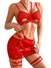 Load image into Gallery viewer, Kaei&amp;Shi Strappy Lingerie Skirt 4PC, Sheer Mesh Cutout, Crisscross Back
