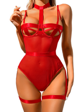 Load image into Gallery viewer, Kaei&amp;Shi Strappy Bra Lingerie, Collar Thigh Cuffs, 3Pc Sexy Underwire Bodysuit
