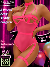 Load image into Gallery viewer, Kaei&amp;Shi Strappy Bra Lingerie, Collar Thigh Cuffs, 3Pc Sexy Underwire Bodysuit
