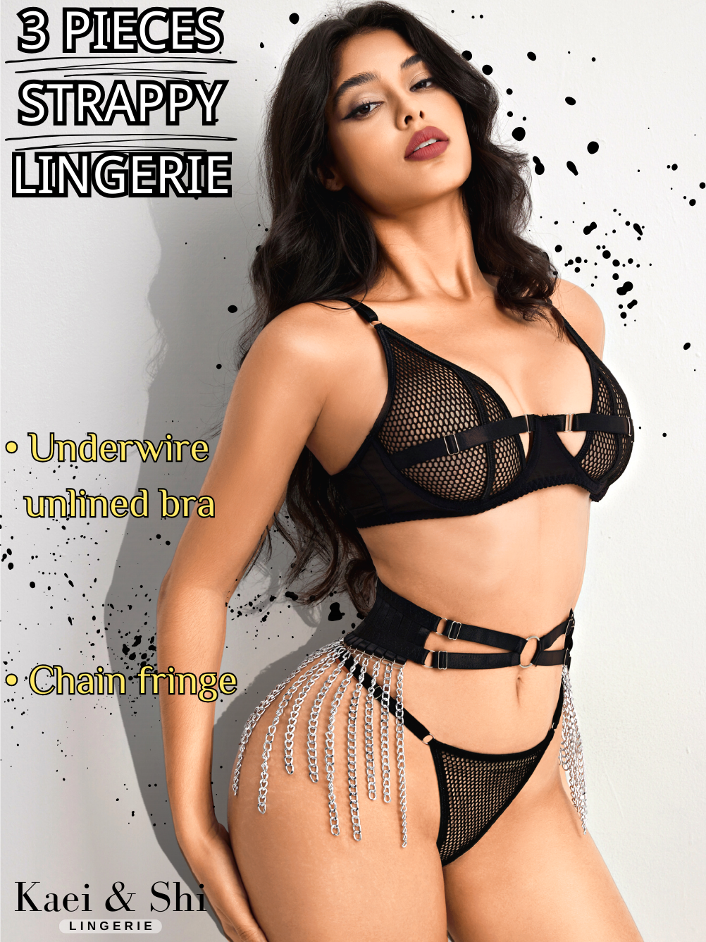 Kaei&Shi Sexy Fishnet Chain Lingerie, Flowing Belt, Strappy Exotic 3PC Kaei&Shi Sexy Fishnet Chain Lingerie, Flowing Belt, Strappy Exotic 3PC