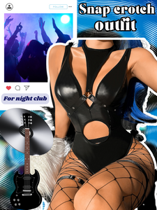 Kaei&Shi Leather Bodysuit(Fishnet Tights Include), Snap Crotch, Choker&Leg Band