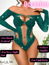 Load image into Gallery viewer, Kaei&amp;Shi Sparkly Rhinestone Bodysuit, Off Shoulder Sexy Tops, Party Club Outfits

