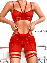 Load image into Gallery viewer, Kaei&amp;Shi Strappy Lingerie Skirt 4PC, Sheer Mesh Cutout, Crisscross Back
