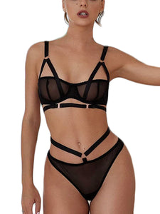 Kaei&Shi Elastic Strappy, Metal Circle, Cutout Back, 2 Pieces Lingerie Set