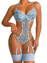 Load image into Gallery viewer, Kaei&amp;Shi Sheer Mesh Applique, Strappy Chains, 2PC Halter Bodysuit Lingerie
