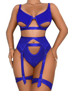 Kaei&Shi Mesh Patchwork,Underwire Peekaboo,Garter Belt,Thong,Thigh Straps,4 Piece Lingerie