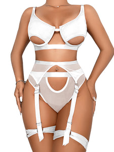 Kaei&Shi Mesh Patchwork,Underwire Peekaboo,Garter Belt,Thong,Thigh Straps,4 Piece Lingerie