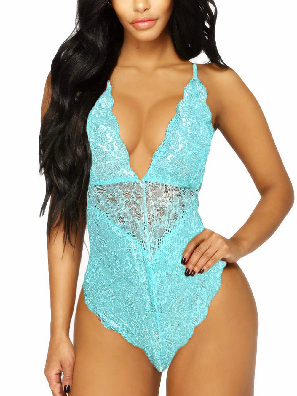 Kaei&Shi V-Neck See Through Lingerie Floral Lace Babydoll Sexy Lingerie for Women Bodysuit