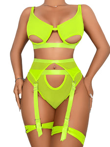 Kaei&Shi Mesh Patchwork,Underwire Peekaboo,Garter Belt,Thong,Thigh Straps,4 Piece Lingerie