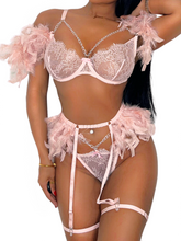 Load image into Gallery viewer, Kaei&amp;Shi Chain Feather Lingerie, Eyelash Floral Lace, Underwire, Thong, 4 Pieces
