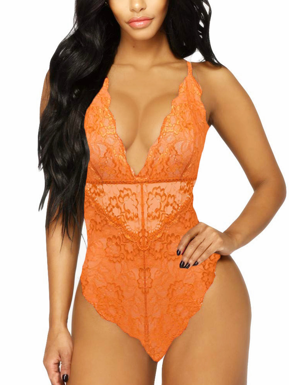 Kaei&Shi V-Neck See Through Lingerie Floral Lace Babydoll Sexy Lingerie for Women Bodysuit