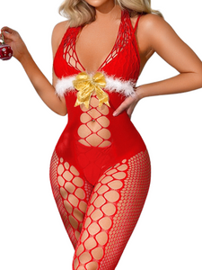 Kaei&Shi Christmas Sexy Fishnet One Piece Stocking, Sparkly Bow, White Fuzz Trim