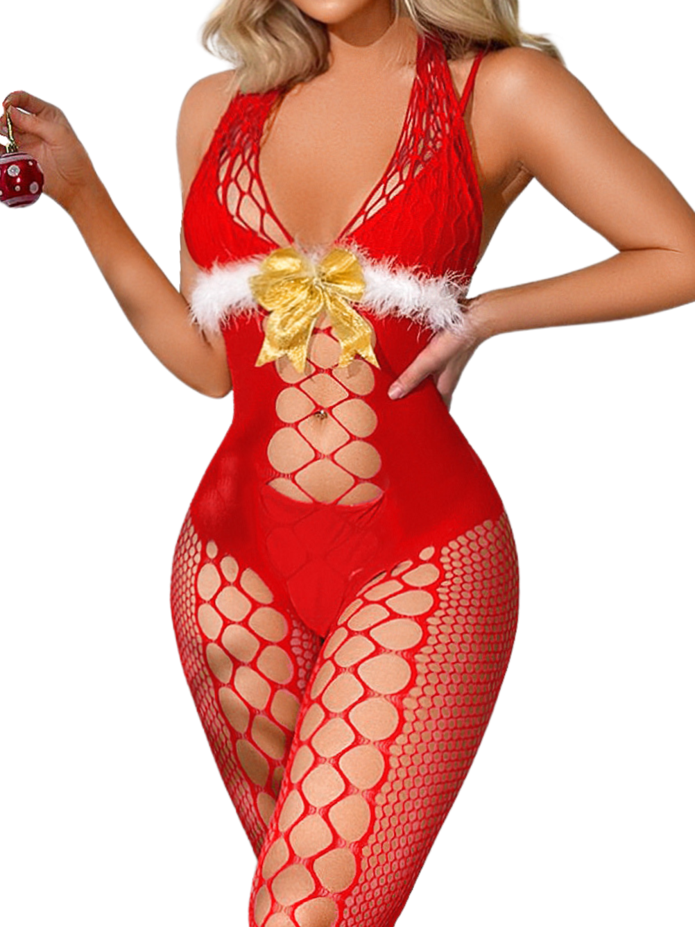 Kaei&Shi Christmas Sexy Fishnet One Piece Stocking, Sparkly Bow, White Fuzz Trim