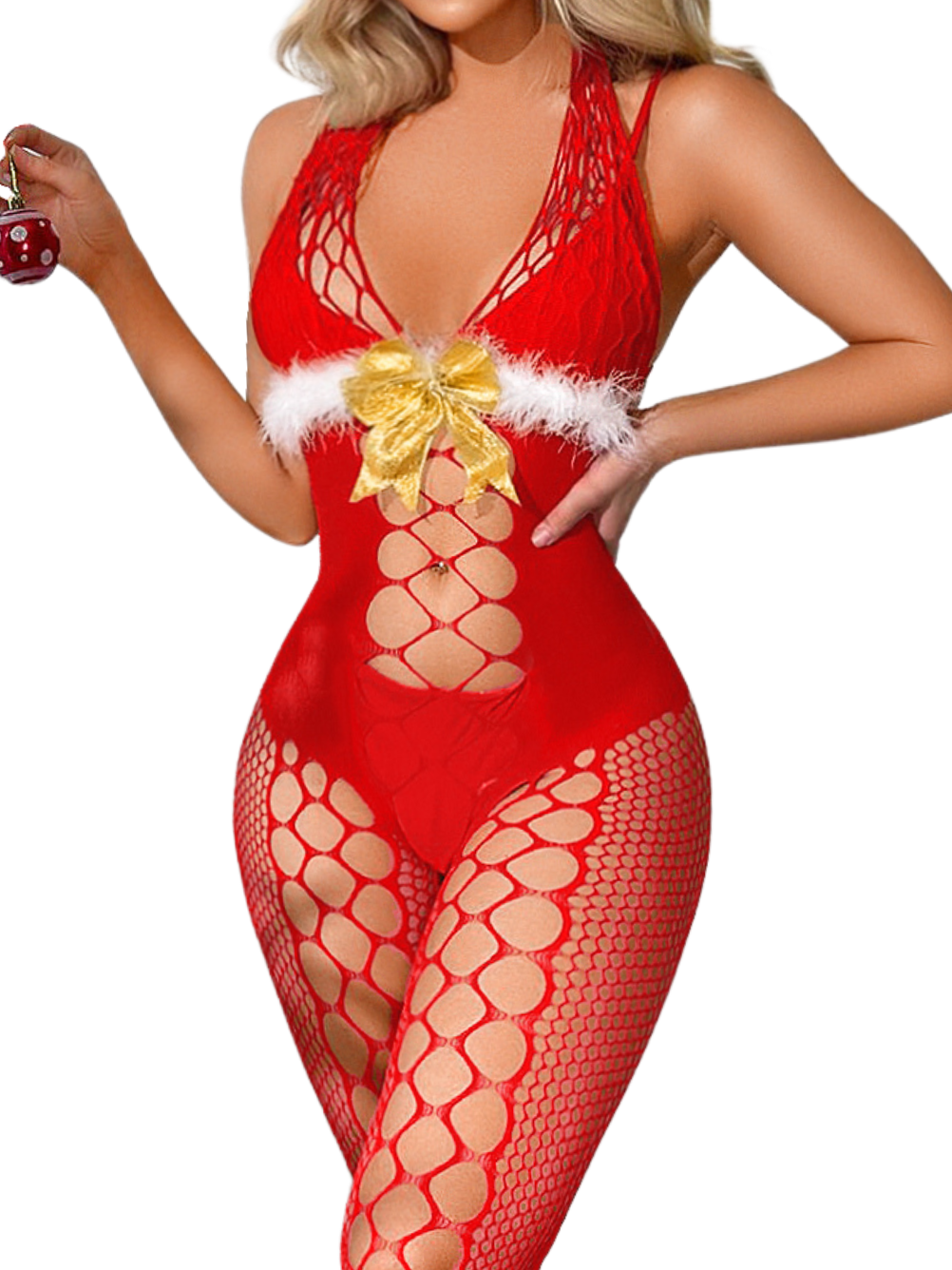 Kaei&Shi Christmas Sexy Fishnet One Piece Stocking, Sparkly Bow, White Kaei&Shi Christmas Sexy Fishnet One Piece Stocking, Sparkly Bow, White