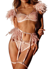 Load image into Gallery viewer, Kaei&amp;Shi Chain Feather Lingerie, Eyelash Floral Lace, Underwire, Thong, 4 Pieces
