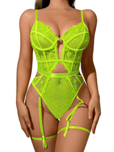 Load image into Gallery viewer, Kaei&amp;Shi Floral Embroidered Mesh,Underwire,Removable Garter,Thigh Straps,Backless Bodysuit
