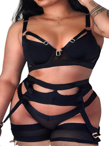 Kaei&Shi Plus Size Stretchy Mesh, Wide Strappy, High Waisted Garter Lingerie