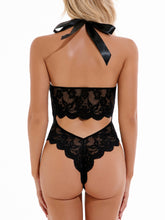 Load image into Gallery viewer, Kaei&amp;Shi Deep V, Lace Up Bow, Scalloped Lace Trim, One Piece Body Suit
