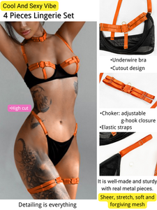 Kaei&Shi Glow In The Dark, Black Light, Neon Leg Straps, 4PC Peekaboo Lingerie