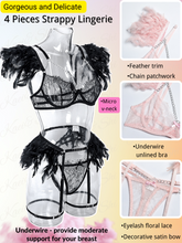 Load image into Gallery viewer, Kaei&amp;Shi Chain Feather Lingerie, Eyelash Floral Lace, Underwire, Thong, 4 Pieces
