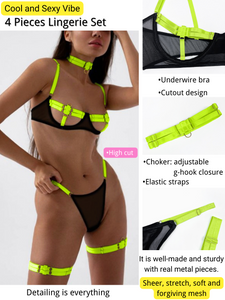 Kaei&Shi Glow In The Dark, Black Light, Neon Leg Straps, 4PC Peekaboo Lingerie