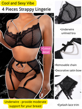 Load image into Gallery viewer, Kaei&amp;Shi Fishnet Chain Lingerie, Strappy, Underwire, Thong, Thigh Cuff, 4 Pieces
