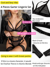 Load image into Gallery viewer, Kaei&amp;Shi 4 Piece,Strappy Triangle Bralette,Thong,Thigh Bands,Garter Lingerie Set
