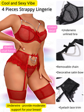 Load image into Gallery viewer, Kaei&amp;Shi Fishnet Chain Lingerie, Strappy, Underwire, Thong, Thigh Cuff, 4 Pieces
