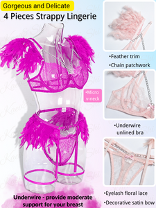 Kaei&Shi Chain Feather Lingerie, Eyelash Floral Lace, Underwire, Thong, 4 Pieces