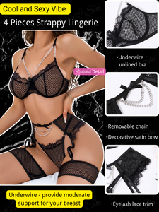 Kaei&Shi Fishnet Chain Lingerie, Strappy, Underwire, Thong, Thigh Cuff, 4 Pieces