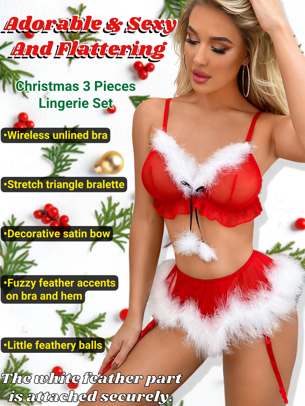 Kaei&Shi 3Pc Sexy Christmas Lingerie, White Fuzz&Ruffle Trim, Mini Ski Kaei&Shi 3Pc Sexy Christmas Lingerie, White Fuzz&Ruffle Trim, Mini Ski