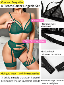 Kaei&Shi 4 Piece,Strappy Triangle Bralette,Thong,Thigh Bands,Garter Lingerie Set