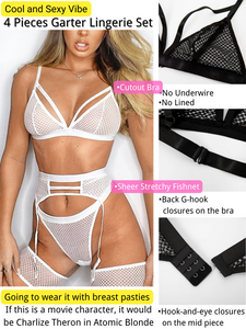 Kaei&Shi 4 Piece,Strappy Triangle Bralette,Thong,Thigh Bands,Garter Lingerie Set