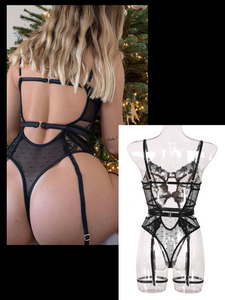 Kaei&Shi Floral Embroidered Mesh,Underwire,Removable Garter,Thigh Straps,Backless Bodysuit