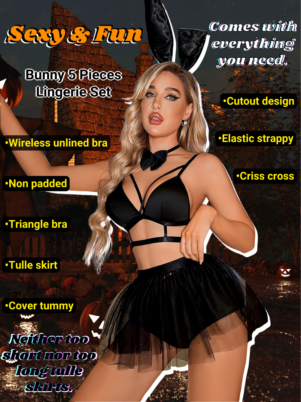 Kaei&Shi Sexy Halloween, Bunny Cosplay, Strappy Bra, Tulle Skirt, 5PC Kaei&Shi Sexy Halloween, Bunny Cosplay, Strappy Bra, Tulle Skirt, 5PC