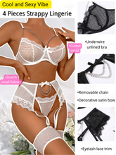 Load image into Gallery viewer, Kaei&amp;Shi Fishnet Chain Lingerie, Strappy, Underwire, Thong, Thigh Cuff, 4 Pieces
