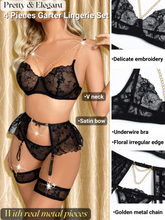 Load image into Gallery viewer, Kaei&amp;Shi Golden Metal Strappy, Satin Bow, Ruffle, 4Pc Floral Embroidered Garter
