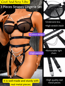 Kaei&Shi Glossy Silver Chains, Strappy Cutout, 3 Piece Fishnet Garter Set