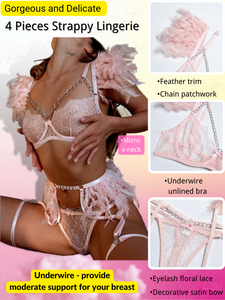 Kaei&Shi Chain Feather Lingerie, Eyelash Floral Lace, Underwire, Thong, 4 Pieces