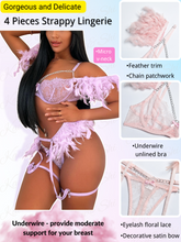 Load image into Gallery viewer, Kaei&amp;Shi Chain Feather Lingerie, Eyelash Floral Lace, Underwire, Thong, 4 Pieces
