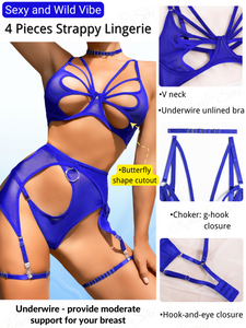 Kaei&Shi Butterfly Cutout Lingerie, Choker, Underwire, Thong, Thigh Straps, 5Pcs