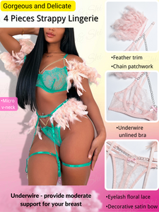 Kaei&Shi Chain Feather Lingerie, Eyelash Floral Lace, Underwire, Thong, 4 Pieces