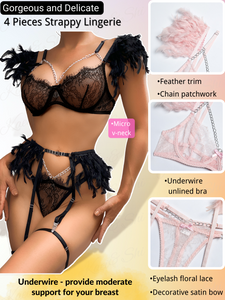 Kaei&Shi Chain Feather Lingerie, Eyelash Floral Lace, Underwire, Thong, 4 Pieces