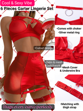 Load image into Gallery viewer, Kaei&amp;Shi 6Pc Strappy Cutout, Sheer Stretchy High Waist Skirt Garter Set G-String
