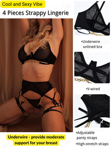 Kaei&Shi Goth Sheer Mesh, Strappy Chains, Thigh Straps, 4 Piece Garter Lingerie